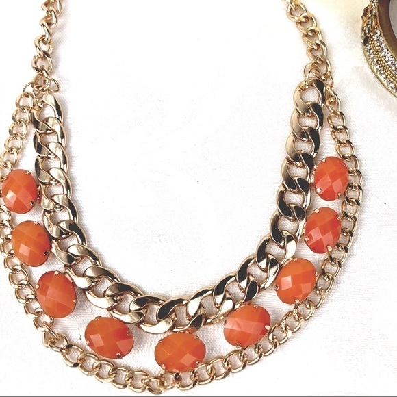 Fashion Jewelry l ORANGE AND GOLD STATEMENT NECKLACE #157 - Picture 2 of 2